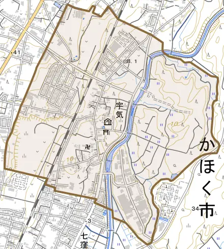 宇気とその周辺の地図。町の範囲を重ねている