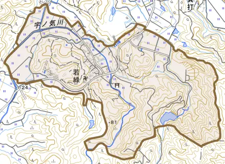 若緑とその周辺の地図。町の範囲を重ねている