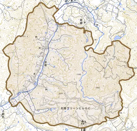 余地とその周辺の地図。町の範囲を重ねている