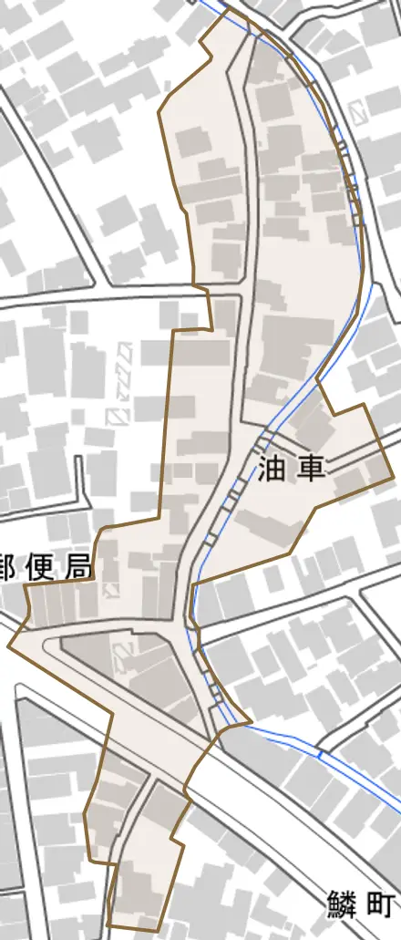 油車とその周辺の地図。町の範囲を重ねている
