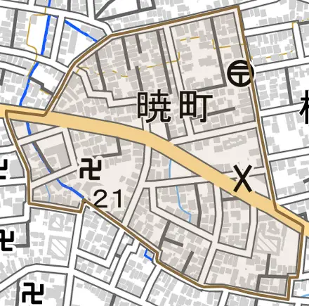 暁町とその周辺の地図。町の範囲を重ねている