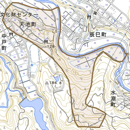 天池町とその周辺の地図。町の範囲を重ねている