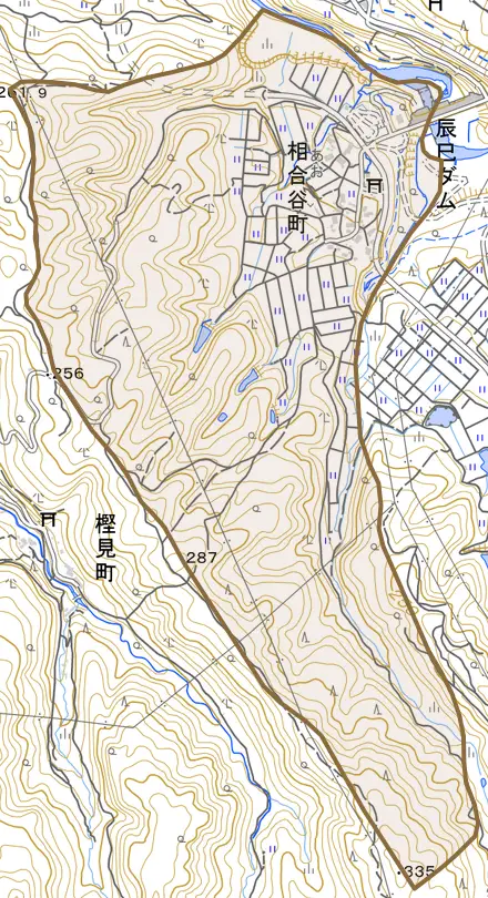 相合谷町とその周辺の地図。町の範囲を重ねている