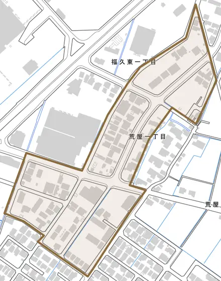 荒屋とその周辺の地図。町の範囲を重ねている