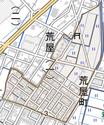 荒屋町とその周辺の地図。町の範囲を重ねている
