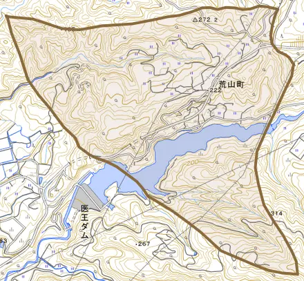 荒山町とその周辺の地図。町の範囲を重ねている