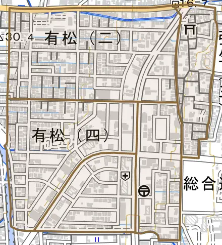 有松とその周辺の地図。町の範囲を重ねている