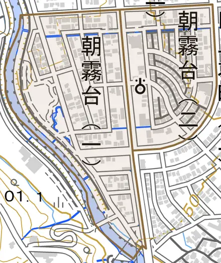 朝霧台とその周辺の地図。町の範囲を重ねている
