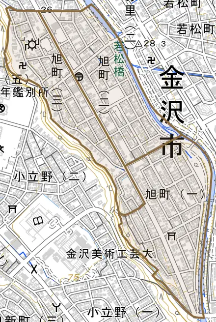 旭町とその周辺の地図。町の範囲を重ねている
