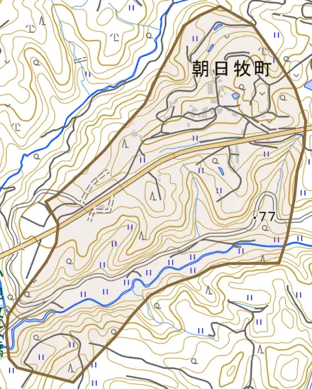 朝日牧町とその周辺の地図。町の範囲を重ねている