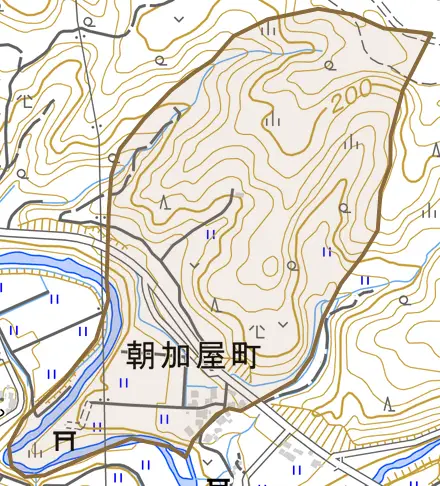 朝加屋町とその周辺の地図。町の範囲を重ねている