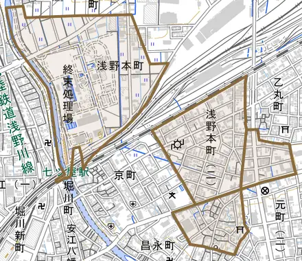 浅野本町とその周辺の地図。町の範囲を重ねている