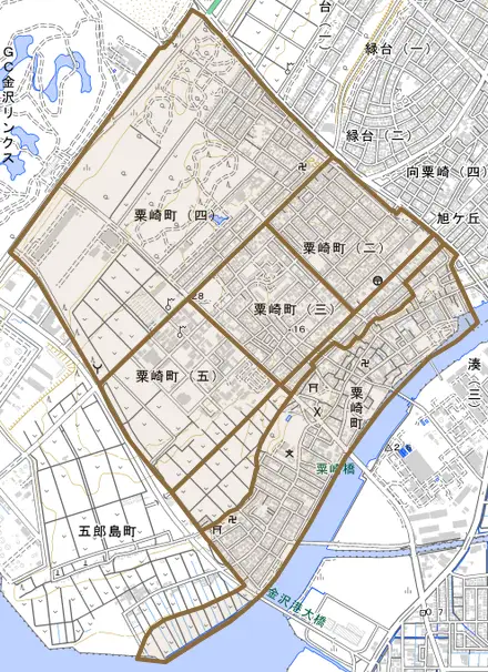 粟崎町とその周辺の地図。町の範囲を重ねている