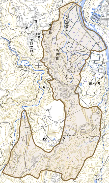 別所町とその周辺の地図。町の範囲を重ねている