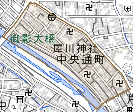 中央通町とその周辺の地図。町の範囲を重ねている