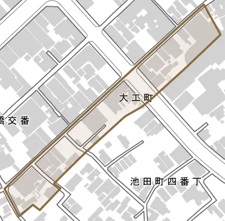 大工町とその周辺の地図。町の範囲を重ねている