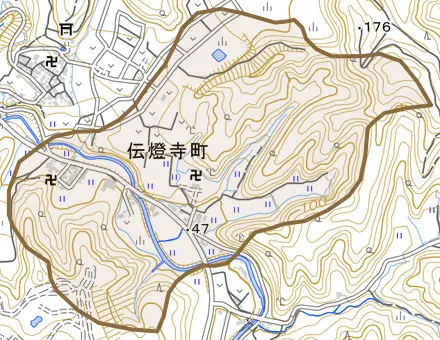 伝燈寺町とその周辺の地図。町の範囲を重ねている