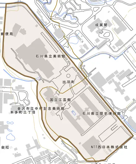 出羽町とその周辺の地図。町の範囲を重ねている