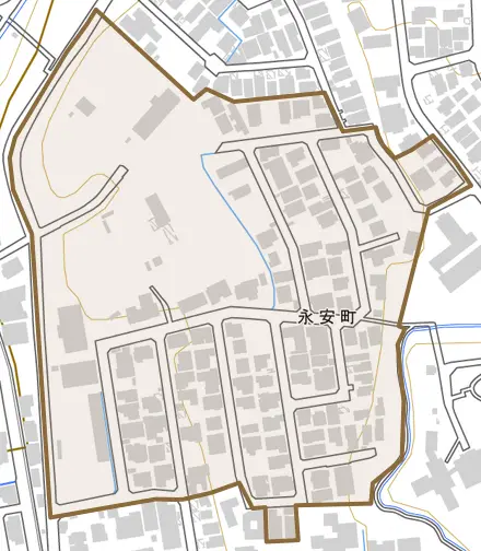 永安町とその周辺の地図。町の範囲を重ねている
