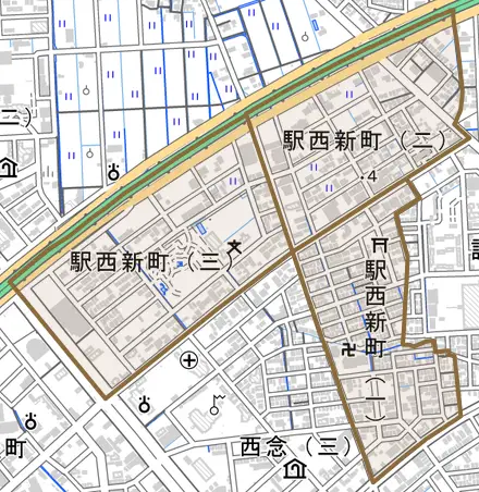 駅西新町とその周辺の地図。町の範囲を重ねている