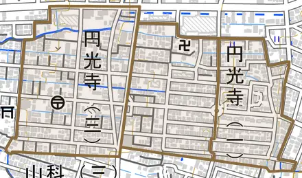 円光寺とその周辺の地図。町の範囲を重ねている