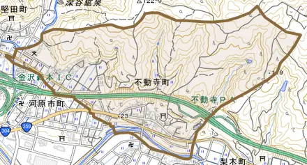 不動寺町とその周辺の地図。町の範囲を重ねている