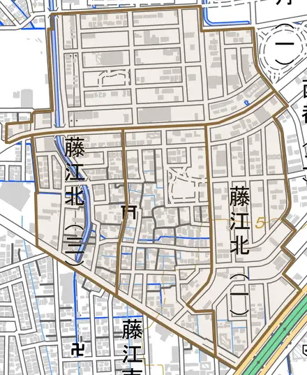 藤江北とその周辺の地図。町の範囲を重ねている