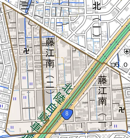 藤江南とその周辺の地図。町の範囲を重ねている