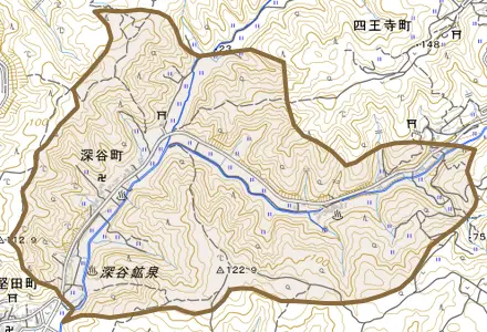 深谷町とその周辺の地図。町の範囲を重ねている