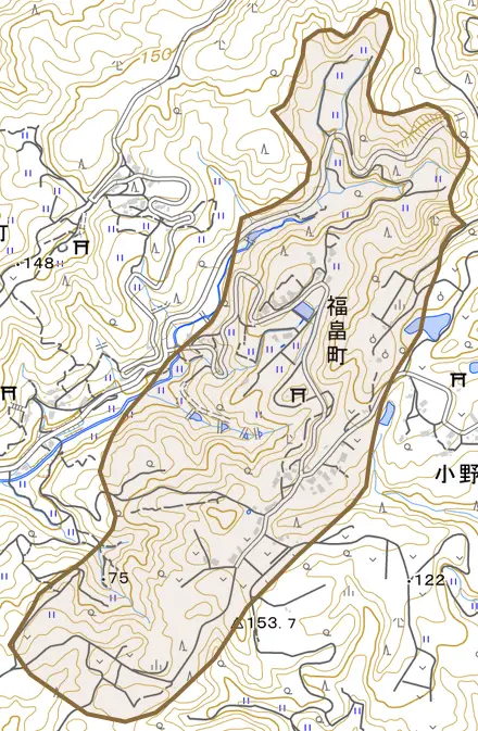 福畠町とその周辺の地図。町の範囲を重ねている
