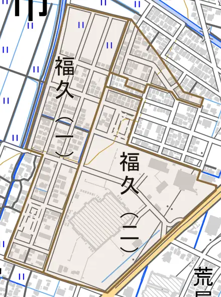 福久とその周辺の地図。町の範囲を重ねている