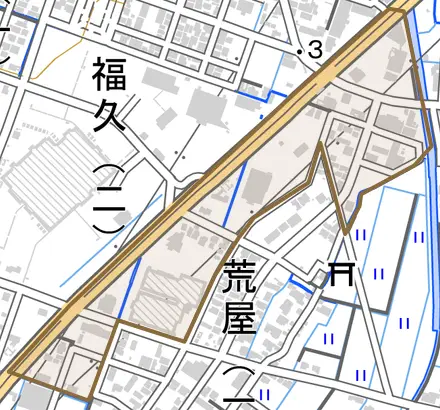 福久東とその周辺の地図。町の範囲を重ねている