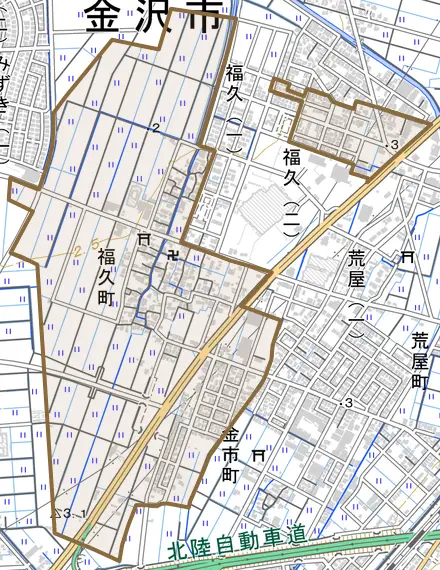 福久町とその周辺の地図。町の範囲を重ねている