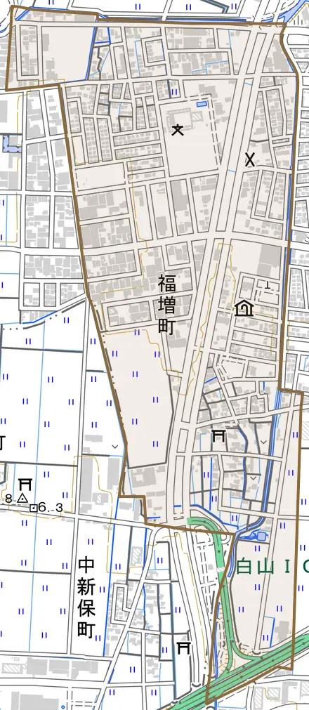 福増町とその周辺の地図。町の範囲を重ねている