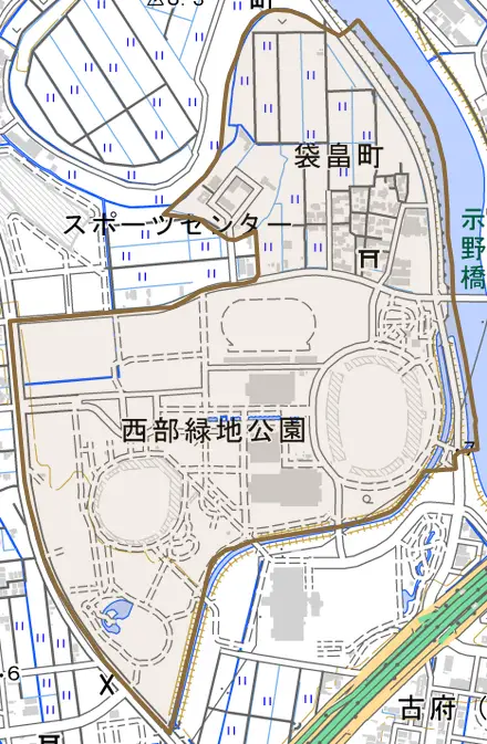 袋畠町とその周辺の地図。町の範囲を重ねている