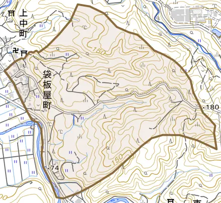 袋板屋町とその周辺の地図。町の範囲を重ねている