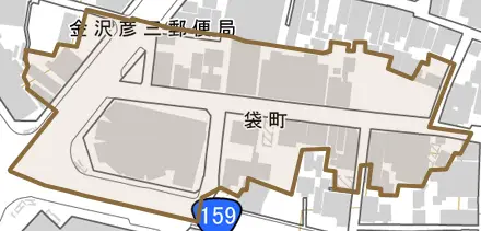袋町とその周辺の地図。町の範囲を重ねている