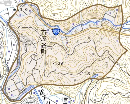 古屋谷町とその周辺の地図。町の範囲を重ねている