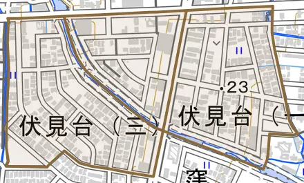 伏見台とその周辺の地図。町の範囲を重ねている