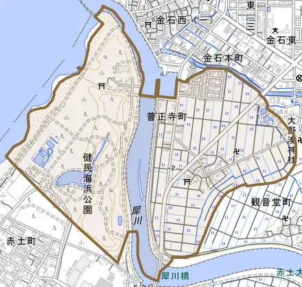 普正寺町とその周辺の地図。町の範囲を重ねている