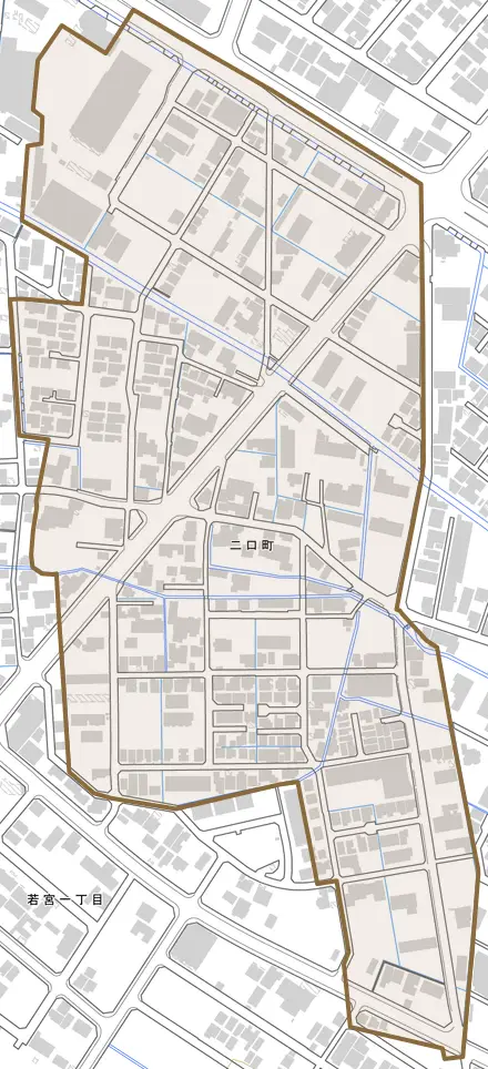 二口町とその周辺の地図。町の範囲を重ねている