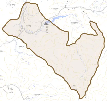 二俣町とその周辺の地図。町の範囲を重ねている