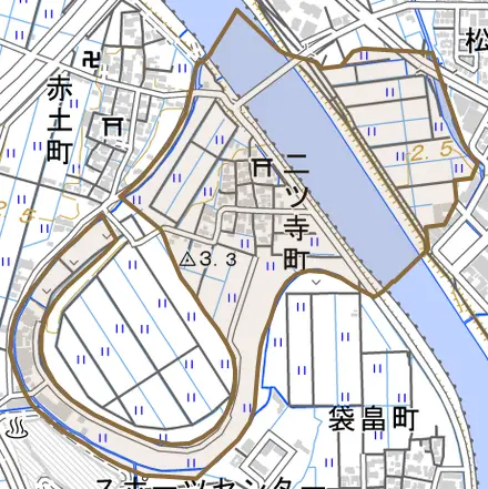 二ツ寺町とその周辺の地図。町の範囲を重ねている