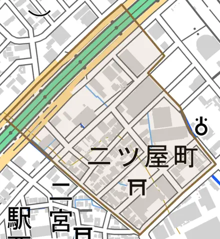 二ツ屋町とその周辺の地図。町の範囲を重ねている
