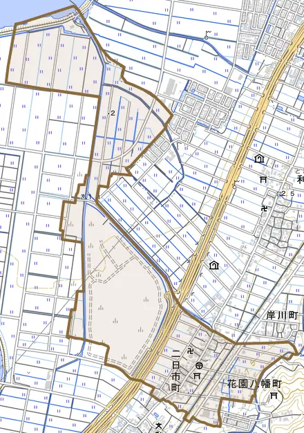 二日市町とその周辺の地図。町の範囲を重ねている