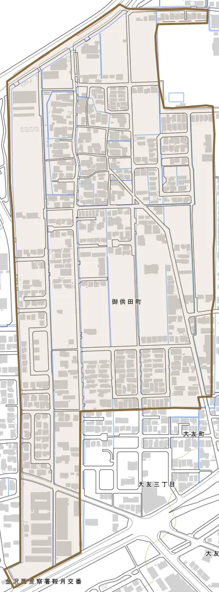 御供田町とその周辺の地図。町の範囲を重ねている