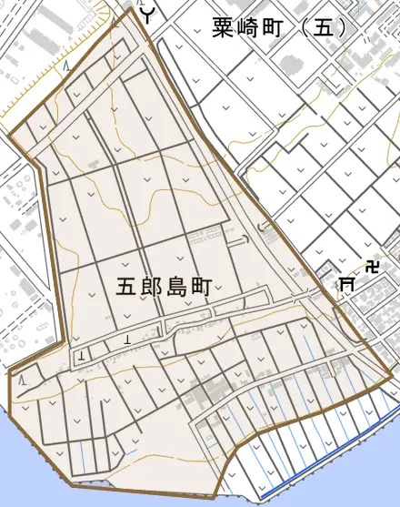 五郎島町とその周辺の地図。町の範囲を重ねている