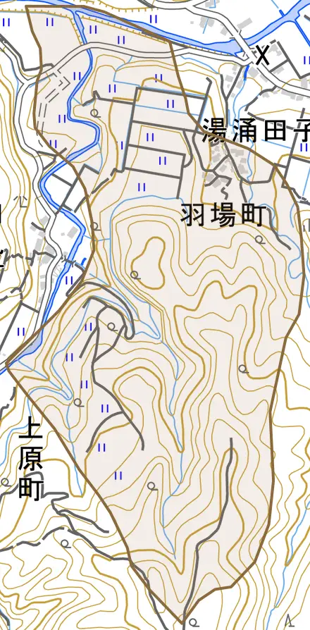 羽場町とその周辺の地図。町の範囲を重ねている