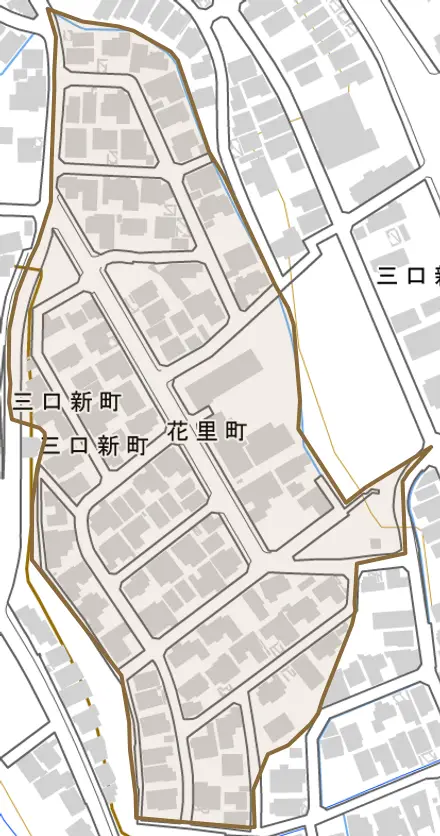花里町とその周辺の地図。町の範囲を重ねている