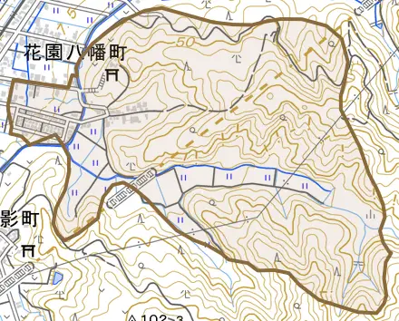 花園八幡町とその周辺の地図。町の範囲を重ねている